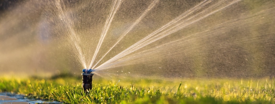 Automatische Sprinkleranlage zur Bewässerung des Rasens. Rasenbewässerung in einem öffentlichen Park.