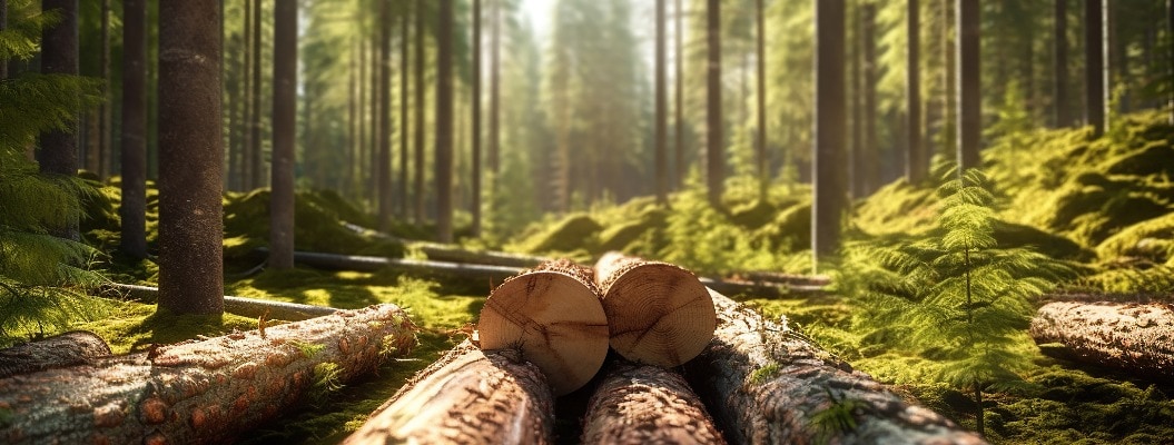 Wald Kiefer und Fichte. Baumstämme stapeln, die Holzindustrie. Generative KI